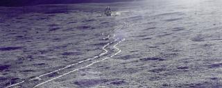 lunar rover tracks leading to lunar module, Apollo 14