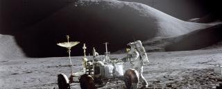 James B. Irwin next to lunar rover, Apollo 15